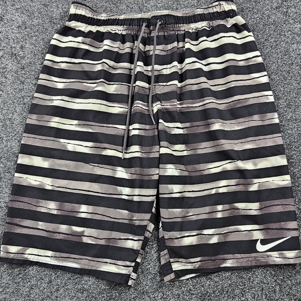 Nike Swim Trunks Shorts Men's Medium Black Gray Striped Drawstring Lined Beach‎